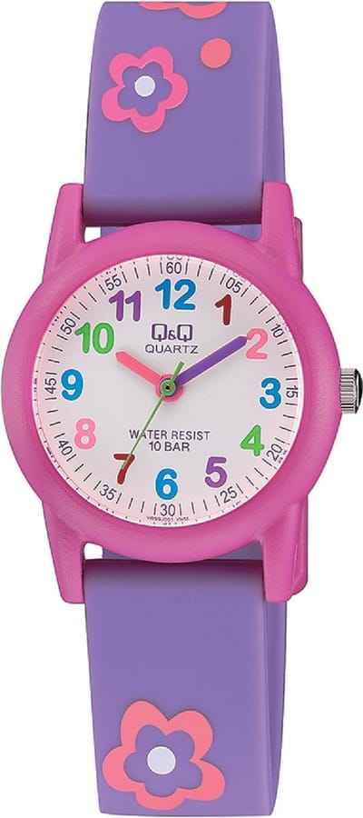 Q&Q VR99J001Y - Horloge - Sport - Analoog - Kinderen - Unisex - Plastic band - Rond - Kunststof - Cijfers - Bloemen - Paars - Roze - Wit - Multi - 10 ATM