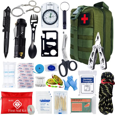 NaevaMi Noodpakket - Noodsituaties, Stroomuitval & Rampen - Oorlog Situaties - Rampenrugzak - Door Overheid Geadviseerd Survival EHBO-Kit - Survival Kit Outdoor - Traumatas - Kamperen - 24 Soorten Multifunctionele Survivaltools - Groen