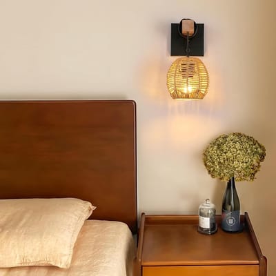 Haobosic - E27 Wandlamp - Vintage Rotin - Hout en Metaal - Geschikt voor Woonkamer, Slaapkamer, Gang, Eetkamer (Zonder lamp)