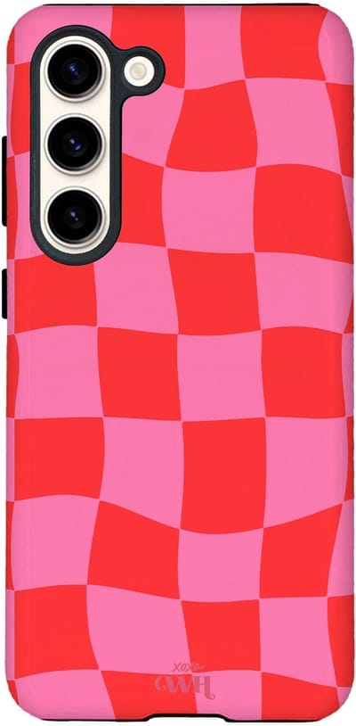 xoxo Wildhearts Drunk In Love - Hoesje geschikt voor Samsung Galaxy S26 Plus - Siliconen hoesje met dubbele beschermlaag - Luxe case - Stevige backcover - Golvend blokjes patroon - Golven print - Roze / Rood