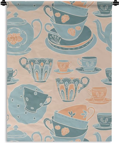 Wandkleed - Wanddoek - Patronen - Vintage - Kopje - Thee - 90x120 cm - Wandtapijt