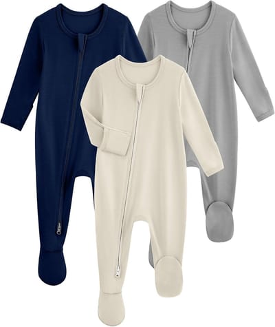 Babypyjama voor jongens en meisjes (3-6 maanden) van bamboe viscose, 3 stuks met wanten in grijs, abrikoos en diepblauw, zacht en ademend