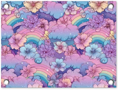 Tuinposter 40x30 cm - Tuindecoratie Regenbogen - Bloemen - Kleurrijk - Wolken - Poster voor in de tuin - Buiten decoratie - Schutting tuinschilderij - Tuindoek muurdecoratie - Wanddecoratie balkondoek