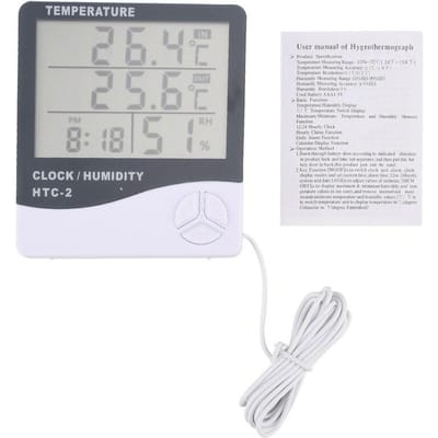 LCD Digitale Temperatuur Vochtigheid Meter HTC-2 Binnen Buiten Hygrometer Thermometer Weerstation met Klok voor Huis wit