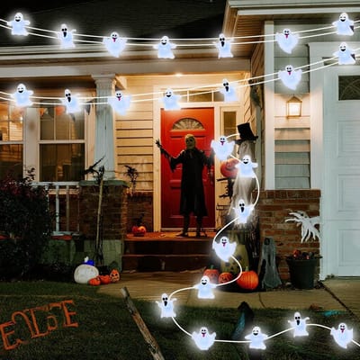 Halloween Decoratie- Halloween -Halloween -lichtsnoer- Hangend spook - LED - Lichtsnoer Halloween spook op batterijen - Waterdicht - Geschikt voor binnen- en buitengebruik - Scènedecoratie - Spooklichtsnoer (wit - 5 m)