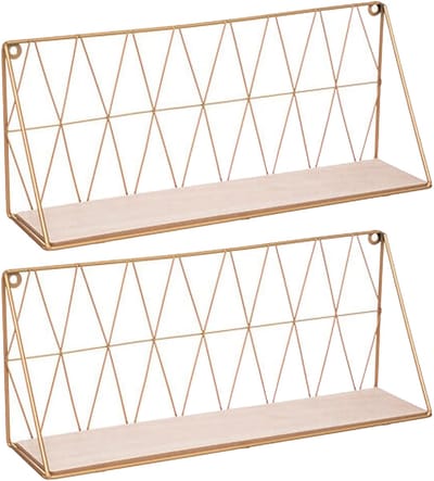 Atmosphera Wandplank/boekenplank Anna - 2x - goud - metaal/hout - draadframe - 48 x 12 x 20 cm