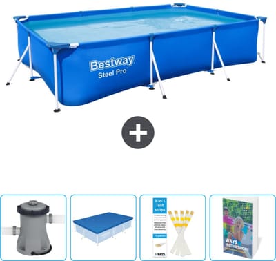 Bestway Rechthoekig Steel Pro Zwembad - 300 x 201 x 66 cm - Blauw - Inclusief Pomp Afdekzeil - Testrips - Zwembadgids