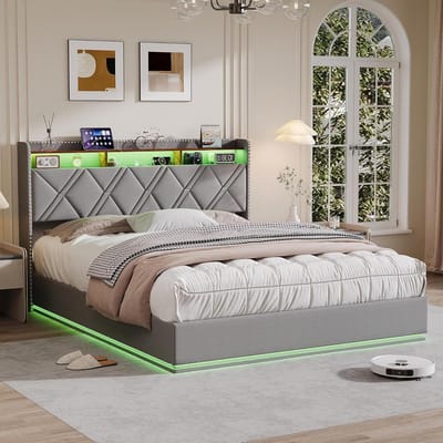 Gestoffeerd Bed - Opbergbed Tweepersoons - Slaapkamer Inrichten - Met LED en Lade - 140x200 cm - Grijs