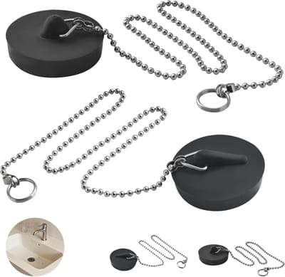 Wasstopprop Set - Afvoer Stopper - Voorkomen Waterverlies - Met Roestvrij Staal Ketting - 4 stuks (4cm & 4.5cm) - Zwart