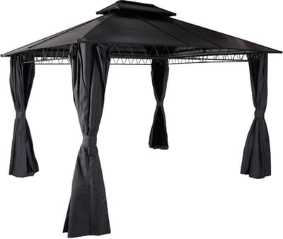 Hardtop pergola MCW-M81, paviljoen, aluminium dakstutten 7cm stalen frame met zijwand en muggengaas 3,6x3m ~ grijs