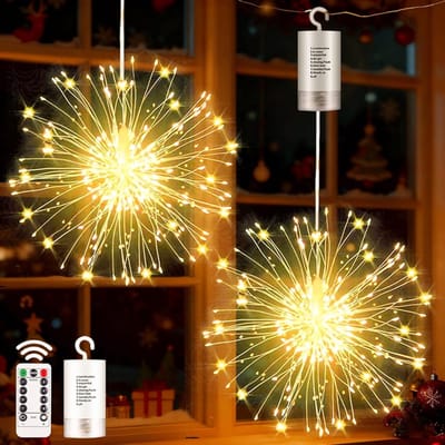 MUPOO Kerstverlichting Buiten 2-Pack – LED Vuurwerklichten 198 LEDs Warm Wit – Batterij Aangedreven Lichtslinger met 8 Modus & Timer – Sfeerverlichting voor Binnen & Buiten, Kerst, Tuin, Balkon & Feestdecoratie