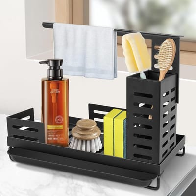 Multifunctionele Keuken Spoelbak Organizer met RVS Sponshouder, Afneembare Afvoerkom en Opbergruimte voor Keukenaccessoires