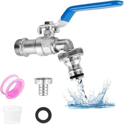 Dailygoods - Tuinkraan, 1/2 inch, van messing, roest- en vorstbestendig, met 2 x gratis slangaansluitingen, 1 x rolafdichtband, afsluitkraan, druppelvrij, kraan voor buiten, messing voor tuin