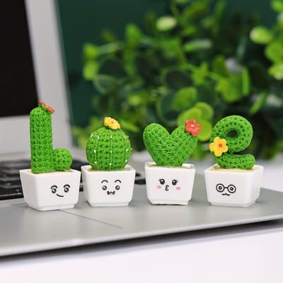 Charmante 4-delige Love & Cactus Resin Figuurtjes - Perfect Voor Woonkamer Slaapkamer En Café Tafelblad Deco green