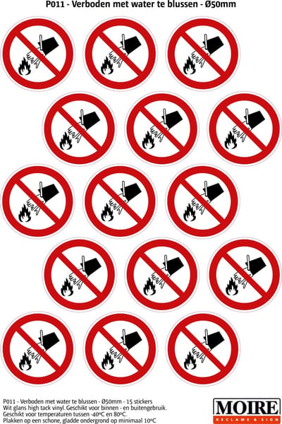 Pictogram sticker 75 stuks P011 - Verboden met water te blussen - 50 x 50mm - 15 stickers op een vel