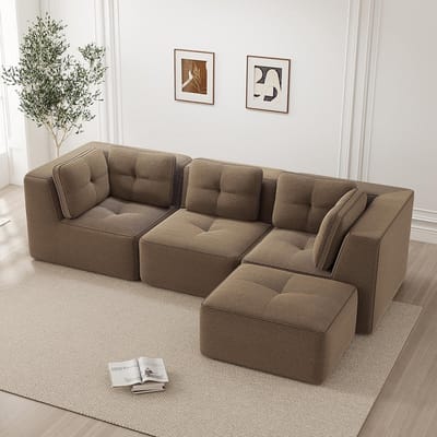 BLACKCOLORS L-vormige hoekbank zonder frame, modulaire hoekbank, hoekbank met chaise longue, modulaire bank van koord, 3-zitsbank van koord met diepe zitting voor de woonkamer, geen montage nodig, bruin