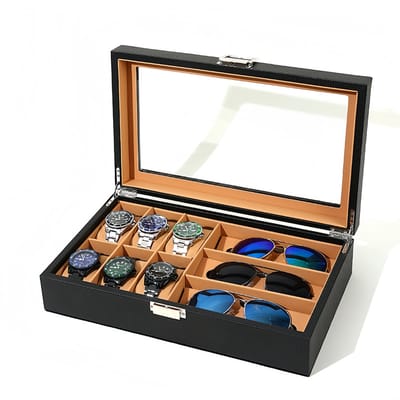 Decopatent - Luxe PU Horloge Doos en Zonnenbrillen Doos in 1 - Horlogebox - Zonnenbrillen box - Geschikt voor Heren en Dames - Horloge / Zonnebrillen Opbergdoos - 6 Horloge Vakken & 3 Zonnenbrillen Vakken - Zwart met Licht Bruine Inleg