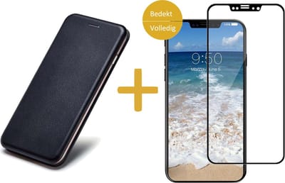 Hoesje Kunstlederen Book Case geschikt voor Apple iPhone Xs / X + Screenprotector Volledig Dekkend Zwart - Zwart Siliconen iCall Wallet
