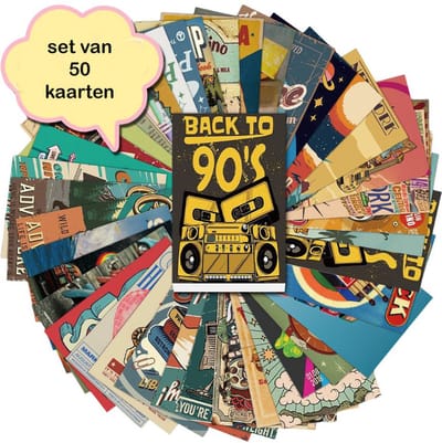 Set van 50 verschillende kaarten Back To The Nineties - ansichtkaarten - vintage - stevig karton - blanco achterzijde - 15x10 cm