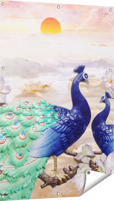 Gards Tuinposter Twee Pauwen bij Elkaar met Bloemen - Liefde - 80x120 cm - Tuindoek - Tuindecoratie - Wanddecoratie buiten - Tuinschilderij