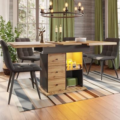 MODENUIT Eettafel - Uitschuifbaar Met Led En USB - Voor Keuken En Eethoek - MDF - 110-140x80x75 cm - Zwart/Naturel