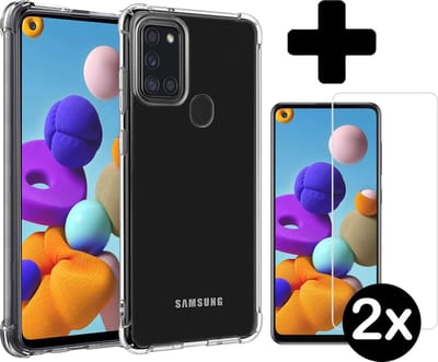 Hoesje - Met Screenprotector - 2 Stuks - Geschikt voor Samsung Galaxy A21s - Sterk & Shockproof - Back Cover - Siliconen Case - Telefoon Hoes - Shock Proof - Telefoonhoes - Transparant