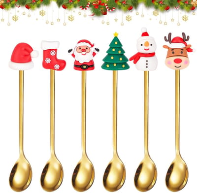Dailygoods- Kerstlepels Set van 6 - Koffielepels Roestvrij Staal - Theelepels met Rendier/Kerstman/Kerstboom/Sneeuwman - Geschenken voor Kerst - Ideaal voor IJs/Dessert/Suiker - Gouden Afwerking