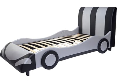 Bed MCW-E14, auto Jongensbed Jeugdbed, lattenbodem Kunstleer Hout 190x100cm ~ zwart-zilver