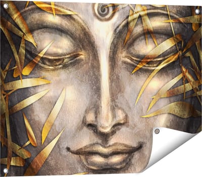Gards Tuinposter Boeddha Beeld met Gouden Bladeren - 80x60 cm - Tuindoek - Tuindecoratie - Wanddecoratie buiten - Tuinschilderij