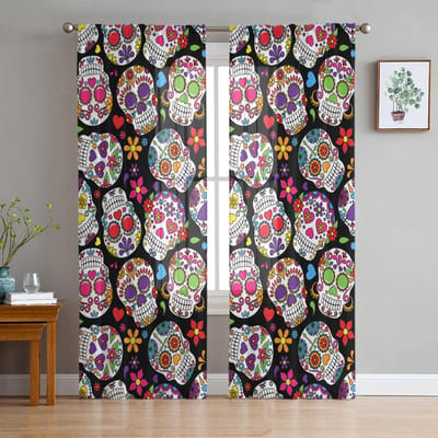 Schedel Bloem Lijn Liefde Tule Gordijnen Voor Woonkamer Transparant Gordijn Slaapkamer Voile Decoratieve Raambekleding 135W x 114H(cm) black