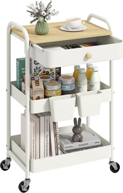 SnelShoppen - 3 Laags Trolley met Lades en Houten Plaat, Metalen Keuken Trolley met Wielen voor Huiskamer, Badkamer en Crafting, Wit