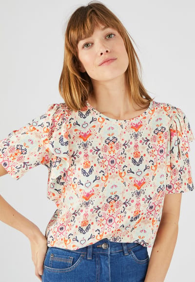 Damart - T-shirt in katoen/modal met volantmouwen - Dames - Bruin - M