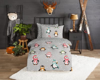 Good Morning dekbedovertrek pingu�ns met muts en sjaal - 1 persoons 140x200/220 cm - Grijs - 100% Katoen flanel