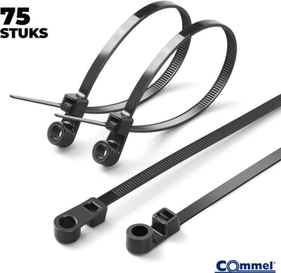 75x Commel Kabelbinders met Bevestigingsoog - ⌀6.2 mm - 381 x 7.6 mm - Zwart - Nylon - Treksterkte 55kg