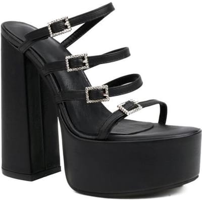 Platform Sandalen Voor Dames Zomer Gloednieuw Sexy Strip Design Blokhakken Strass Knop Elegante Dames Schoenen met Hak 45 black