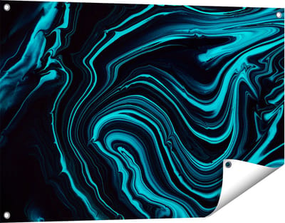 Gards Tuinposter Abstracte Kunst - Aqua Blauw met Zwart - 90x60 cm - Tuindoek - Tuindecoratie - Wanddecoratie buiten - Tuinschilderij