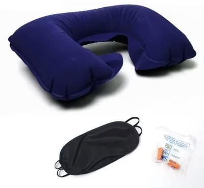 CHPN - Opblaasbaar nekkussen - Reiskussen - Opblaasbaar Reiskussen - Blauw - Met Slaapmasker en Oordopjes - Perfect voor in het vliegtuig