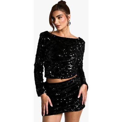boohoo Dames Fluwelen pailletten top met scoop-achter en lange mouwen | Black | Maat: 6