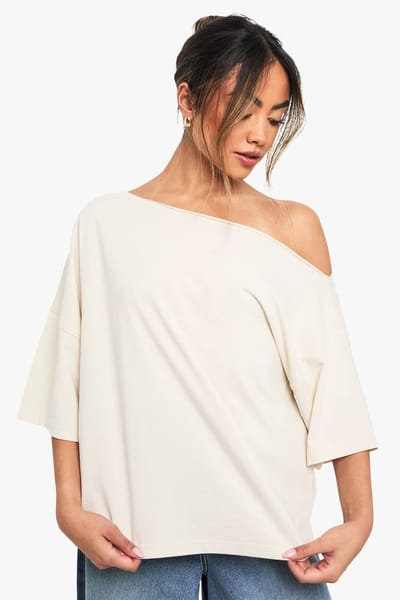 boohoo Dames Off-shoulder oversized T-Shirt | Steen | Maat: 40