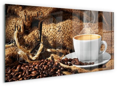 Tulup Wandklok - Koffiebonen Glazen Wandklok Design - 60x30 cm - Bruin Klok Glas Met Opdruk - Zwarte Handen - Rechthoekige Wandklok - Glazen Klok Met Print - Wandklok Glas Met Motief