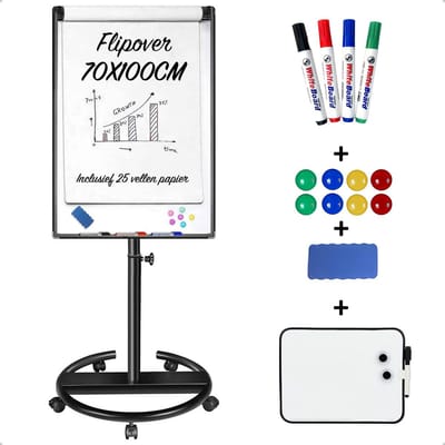 Lenx Flipover Verrijdbaar 70x100cm - Inclusief 25 Vellen Papier, Stiften, Marker, Magneten en Mini whiteboard - Magnetisch Whiteboard - Verstelbaar Bord van 172 tot 215 cm - Met Uitschuifbare Armen