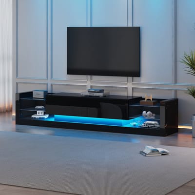 Wishdor - Tv-Meubel - Hoogglans Afwerking - Ledverlichting - Met Glasfront - Met 2 Kleplades - Spaanplaat - Zwart - 181 X 38 X 38 Cm