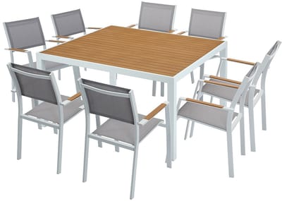 Vente-unique Tuineetset van aluminium: een vierkante tafel L140 cm en 8 opstapelbare fauteuils - Licht naturel en grijs - MACILA van MYLIA