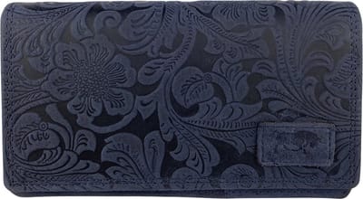 Portemonnee Dames - Bloemenprint - Donkerblauw- RFID - Anti-Skim - Echt Leer