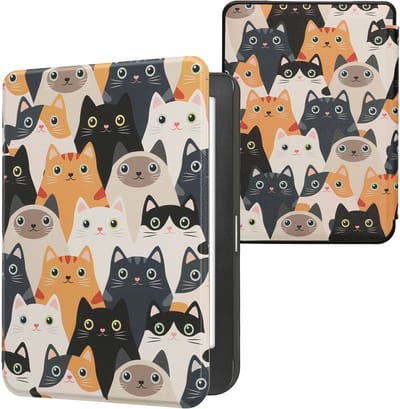 kwmobile e-reader hoesje geschikt voor Kobo Clara HD hoes - E reader flip case met magnetische sluiting - Ereader cover - Katten design in oranje / zwart / wit