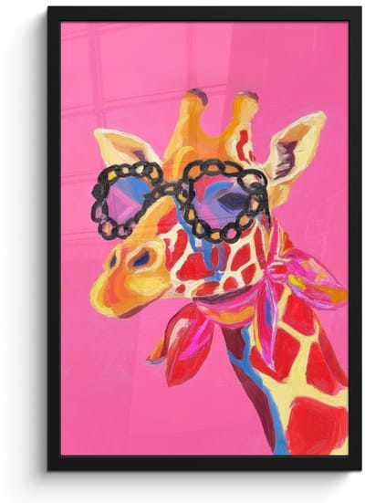 Poster in lijst - Fotolijst 40x60 cm - Posters - Giraf - Roze - Bril - Sjaal - Posterlijst zwart - Decoratie - Wanddecoratie woonkamer - Muurdecoratie slaapkamer