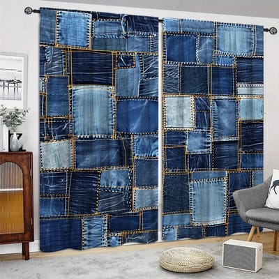 Jeans Splicing Gedrukt Gordijn voor Huisdecoratie - Tunnel voor Roede Raambekleding voor Slaapkamer, Keuken, Woonkamer 107cmX213cm X 2pcs