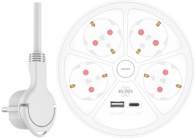 ELRO ES604 Office Design Stekkerdoos 6-voudig met schakelaar en 1,5m snoer | Snelladen met USB-C | Geaarde stekker | Brandveilig | TÜV getest | Wit
