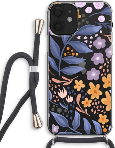 Case Company® - Hoesje met koord geschikt voor iPhone 12 hoesje met Koord - Flowers with blue leaves - Telefoonhoesje met Zwart Koord - Bescherming aan alle Kanten en Over de Schermrand