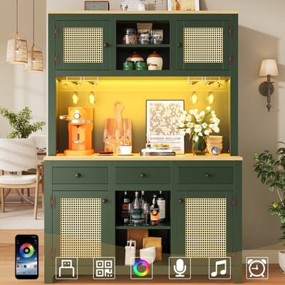 Sweiko Keukenkast - Dressoir - LED-verlichting - PE-rattan deuren - Verstelbare legplanken - 3 lades - Groen